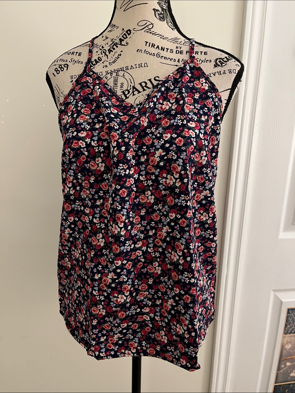 💗Floral V-Neck Spaghetti Strap Tank Top - Navy Pink